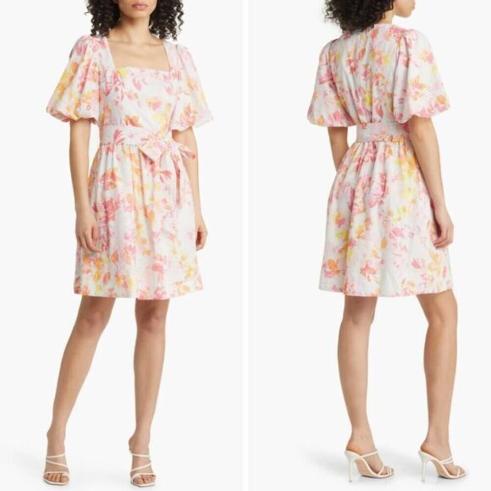 New! Eliza J. Floral Print Puff Sleeve‎ Eyelet Cotton Dress, size 8